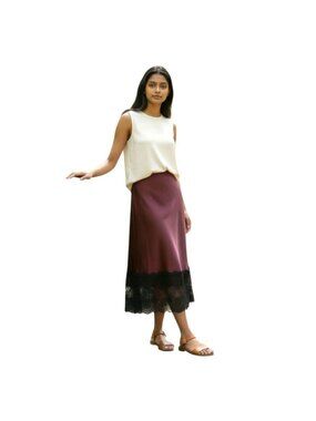 Wild Fable Burgundy Satin Midi Skirt With Black Lace Hem Womens Size M